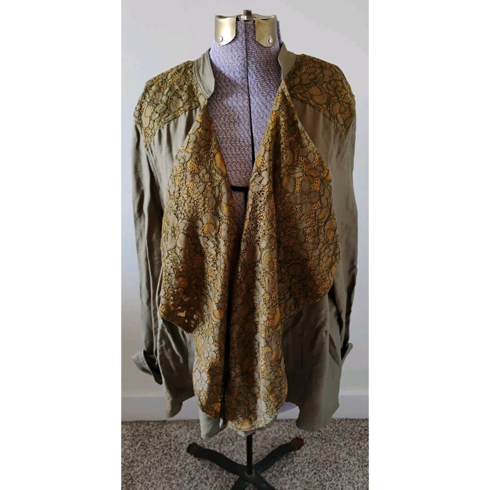 LOGO Lori Goldstein Jacket Womens 14 Army Green Lace Open Flowy Lagenlook Boho